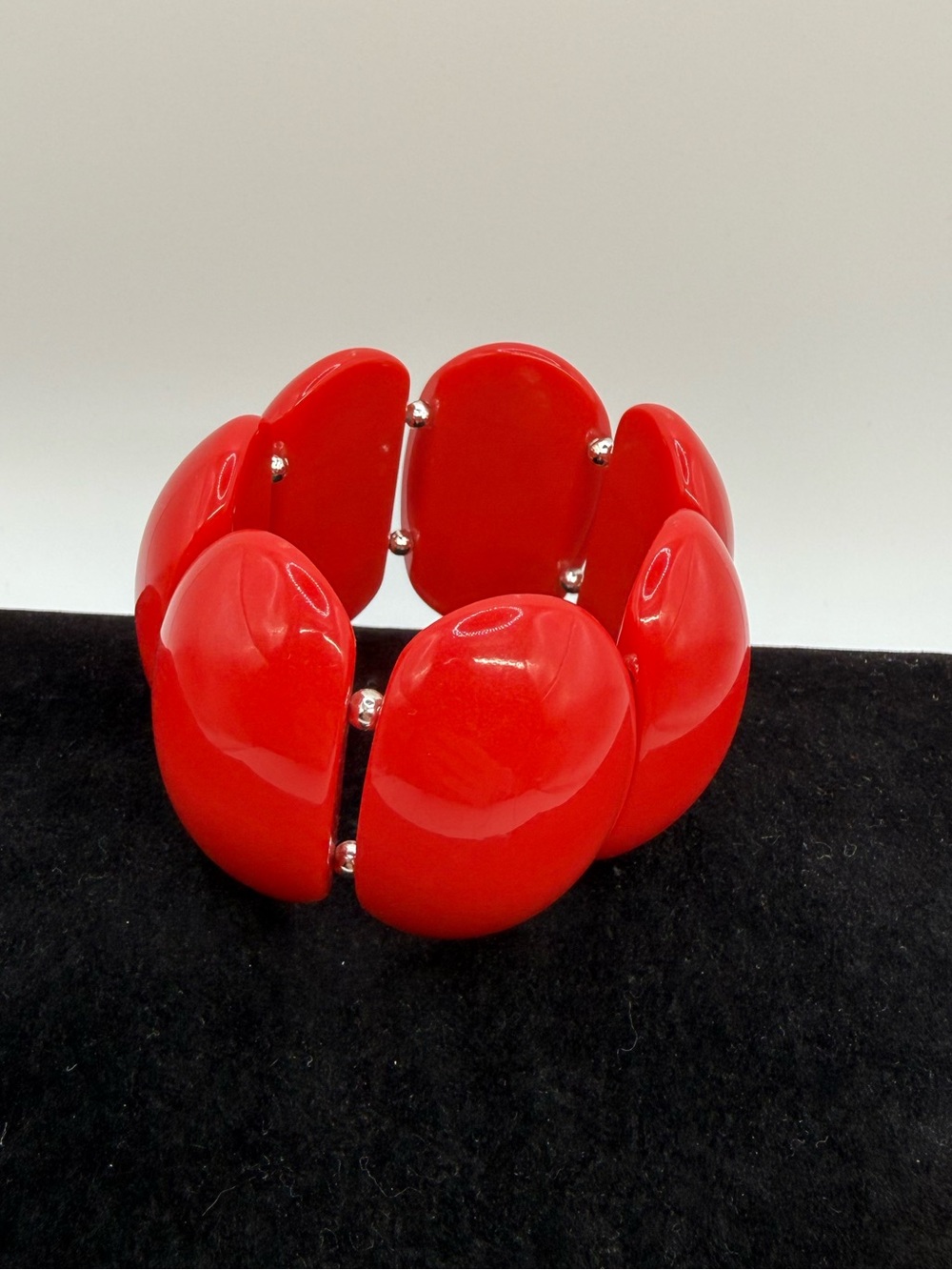 Vintage Chunky Red Resin Stretch Bracelet Domed Panel Statement Jewelry